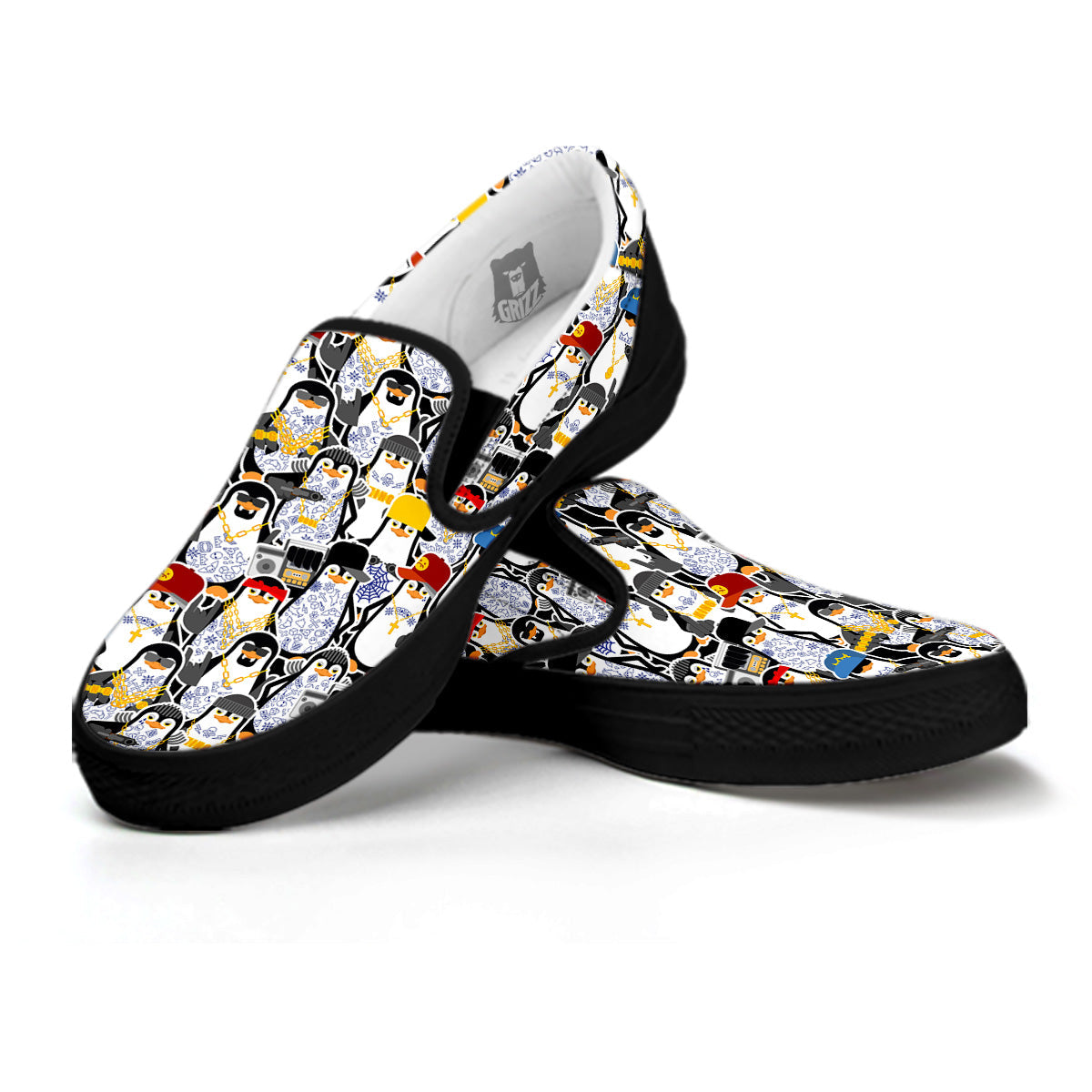 Penguin Criminal Print Pattern Black Slip On Shoes-grizzshop