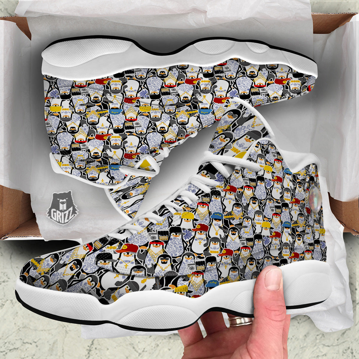 Penguin Criminal Print Pattern White Basketball Shoes-grizzshop