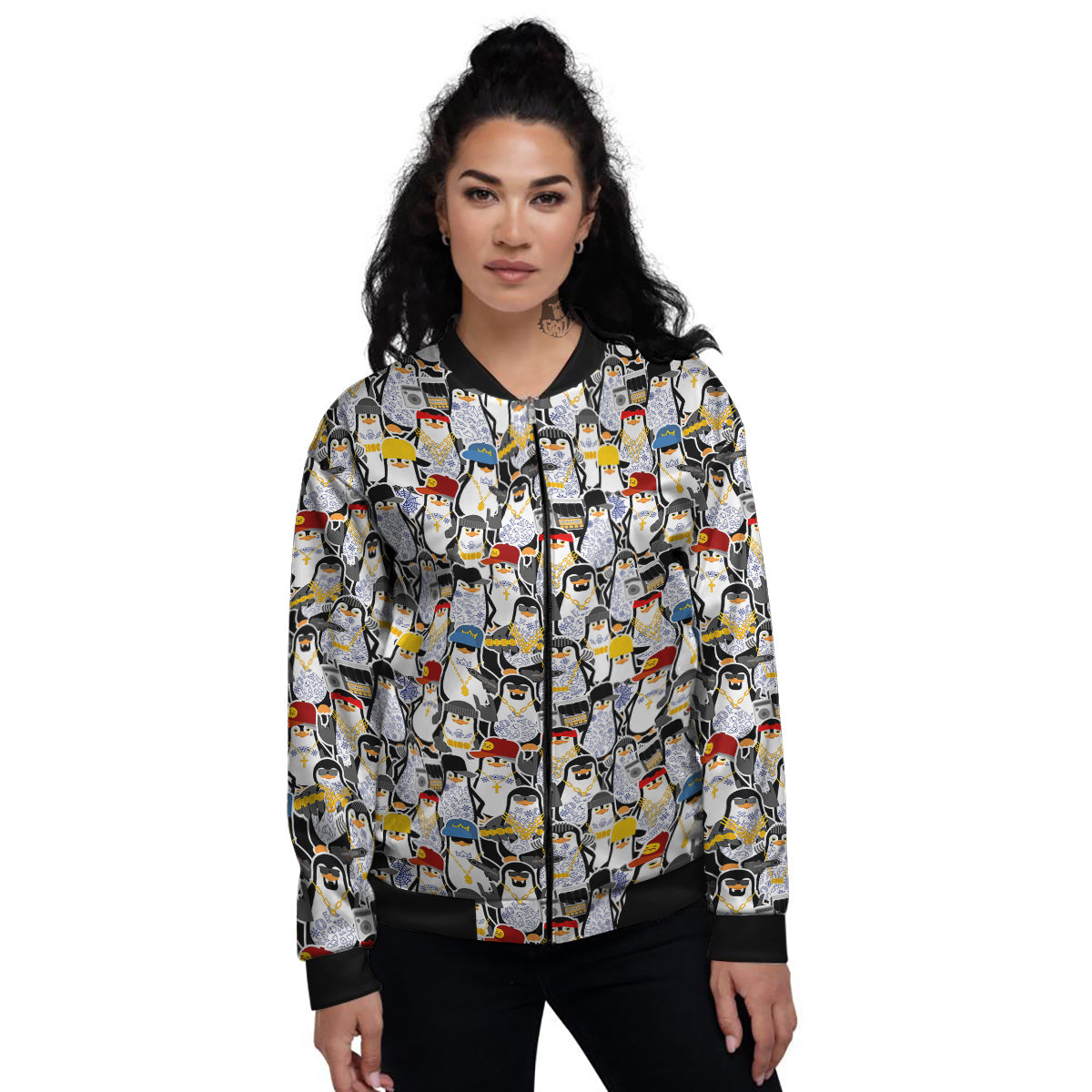 Penguin Criminal Print Pattern Women's Bomber Jacket-grizzshop
