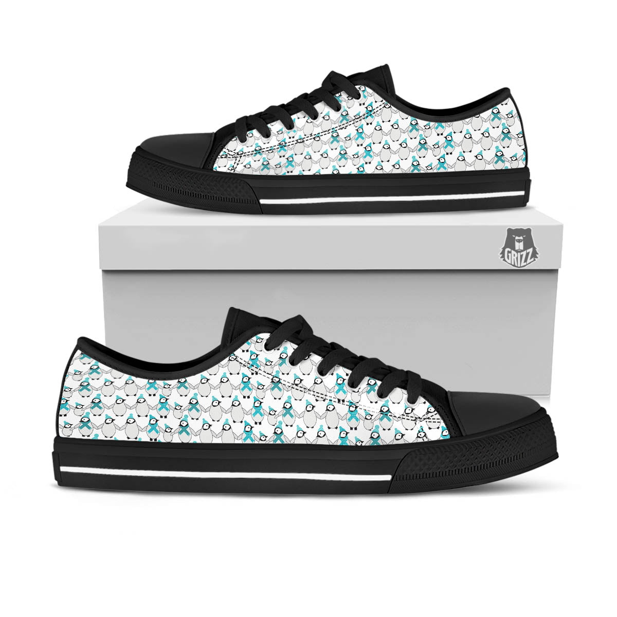 Penguin Emperor Cartoon Print Pattern Black Low Top Shoes-grizzshop