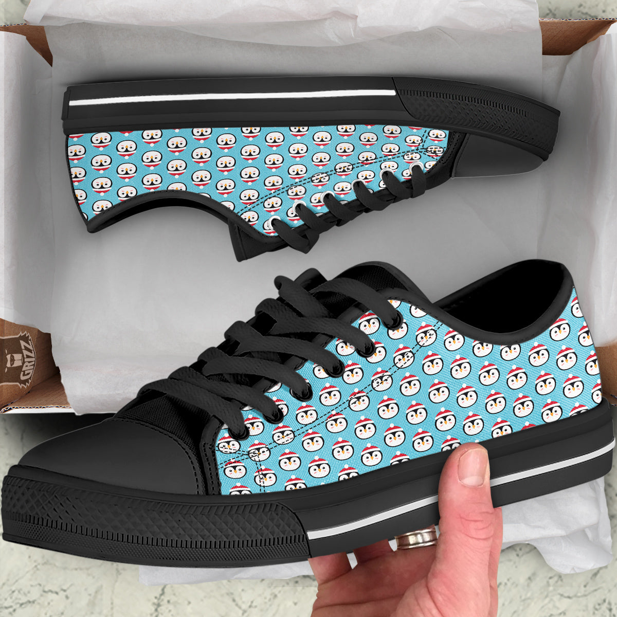 Penguin Face Cute Print Pattern Black Low Top Shoes-grizzshop