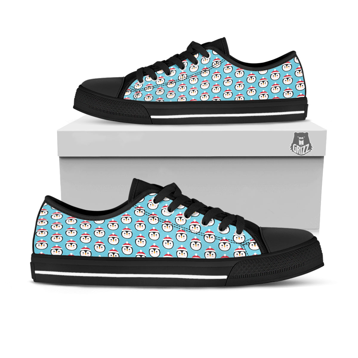 Penguin Face Cute Print Pattern Black Low Top Shoes-grizzshop