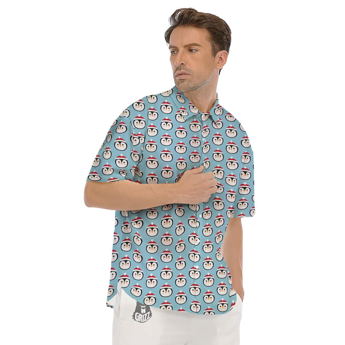 Penguin Face Cute Print Pattern Men's Short Sleeve Shirts-grizzshop