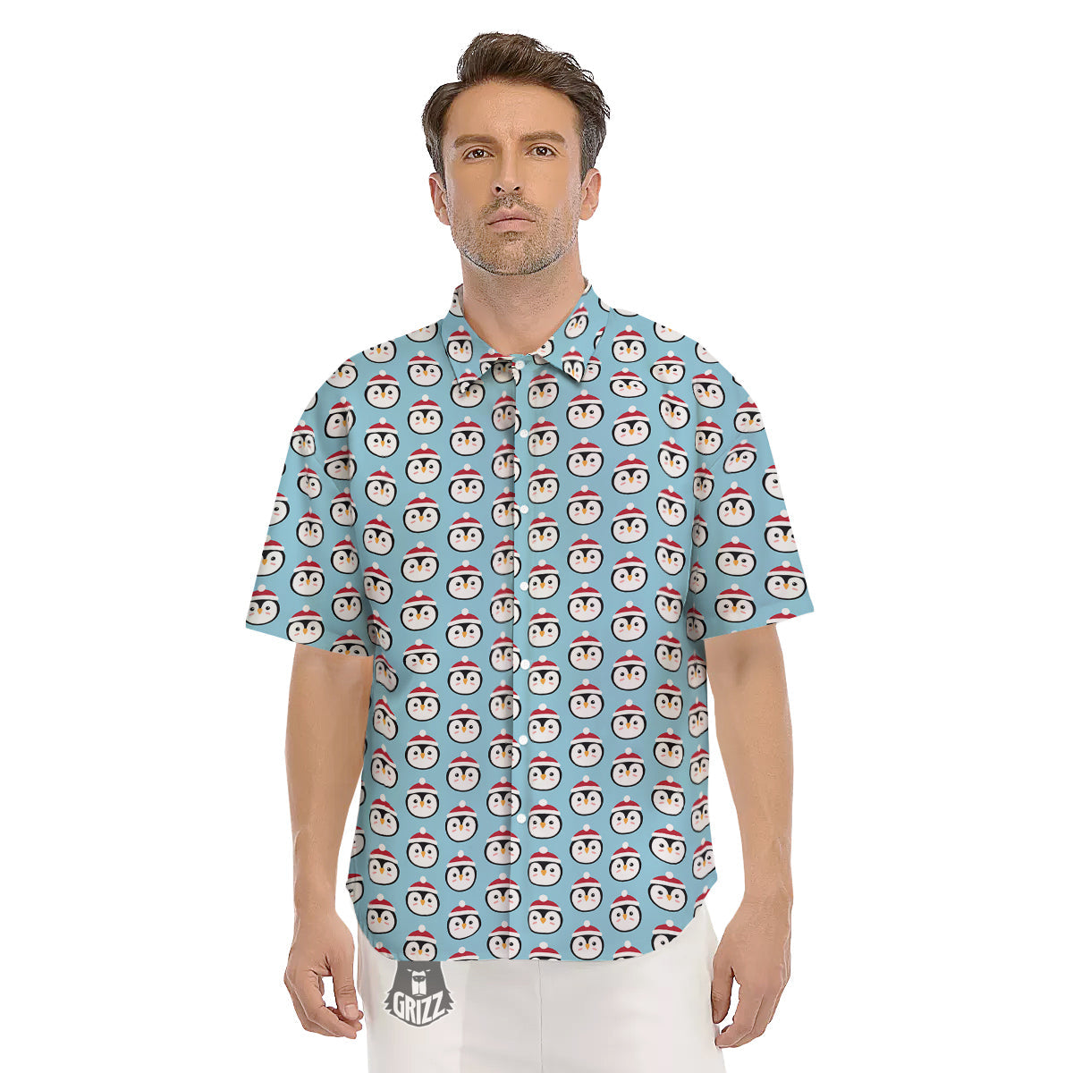 Penguin Face Cute Print Pattern Men's Short Sleeve Shirts-grizzshop
