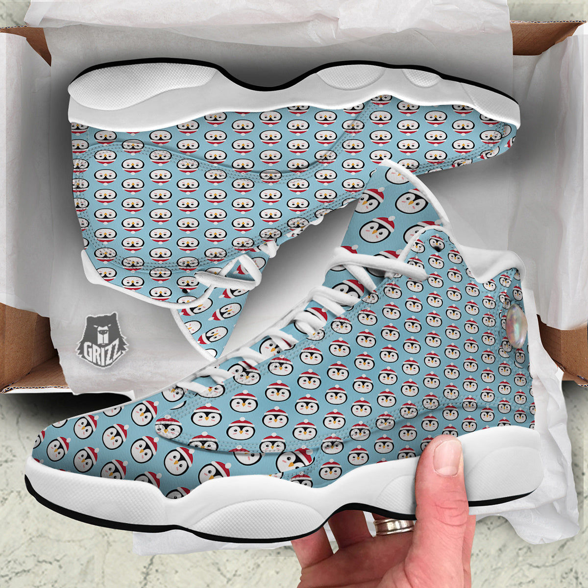 Penguin Face Cute Print Pattern White Basketball Shoes-grizzshop
