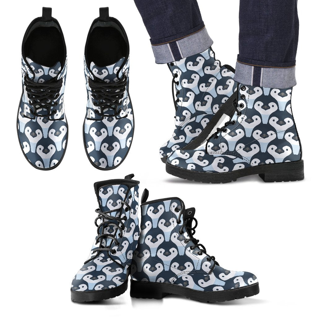 Penguin Face Pattern Print Men Women Leather Boots-grizzshop