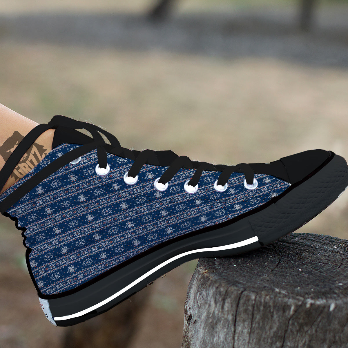 Penguin Knitted Christmas Print Black High Top Shoes-grizzshop