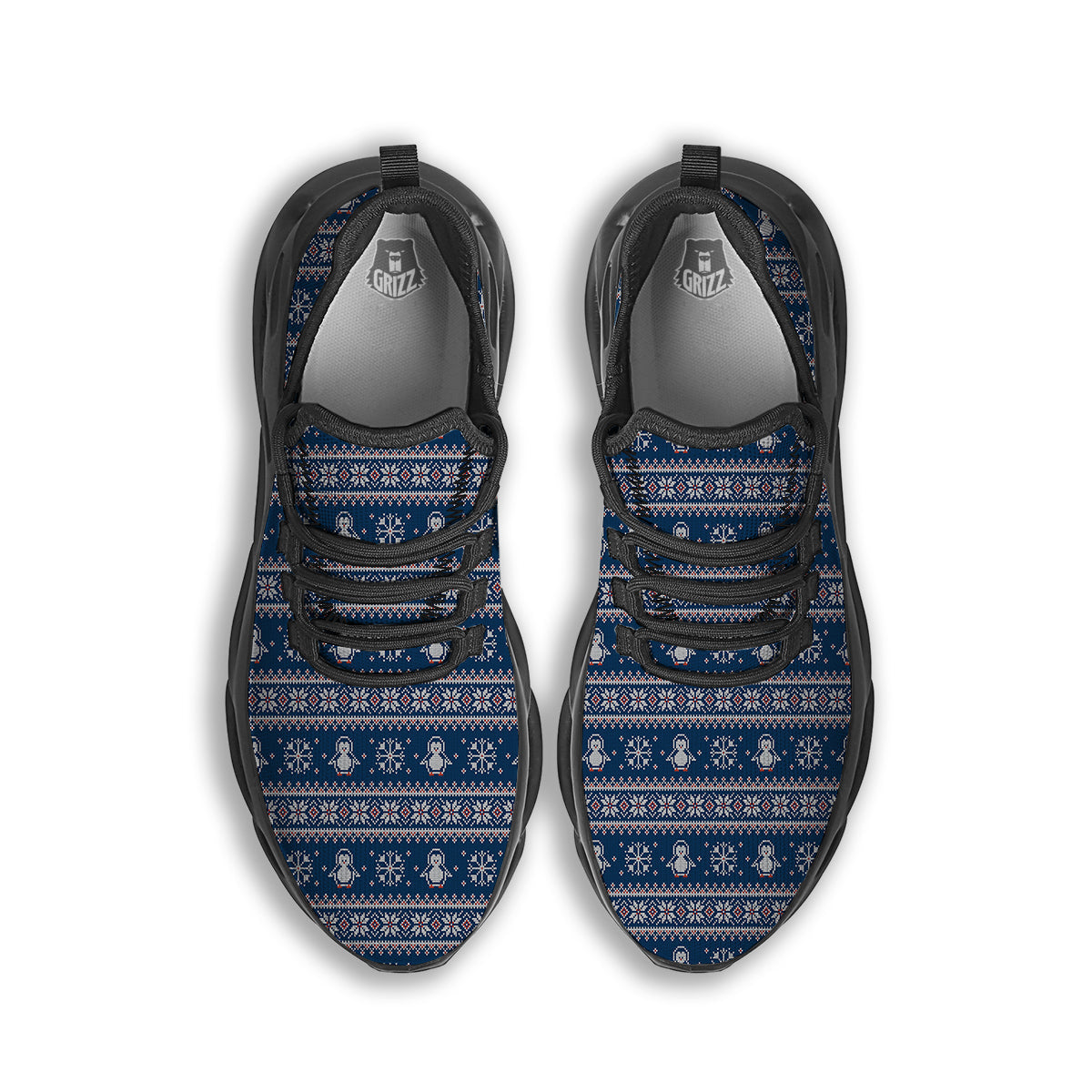 Penguin Knitted Christmas Print Black Running Shoes-grizzshop