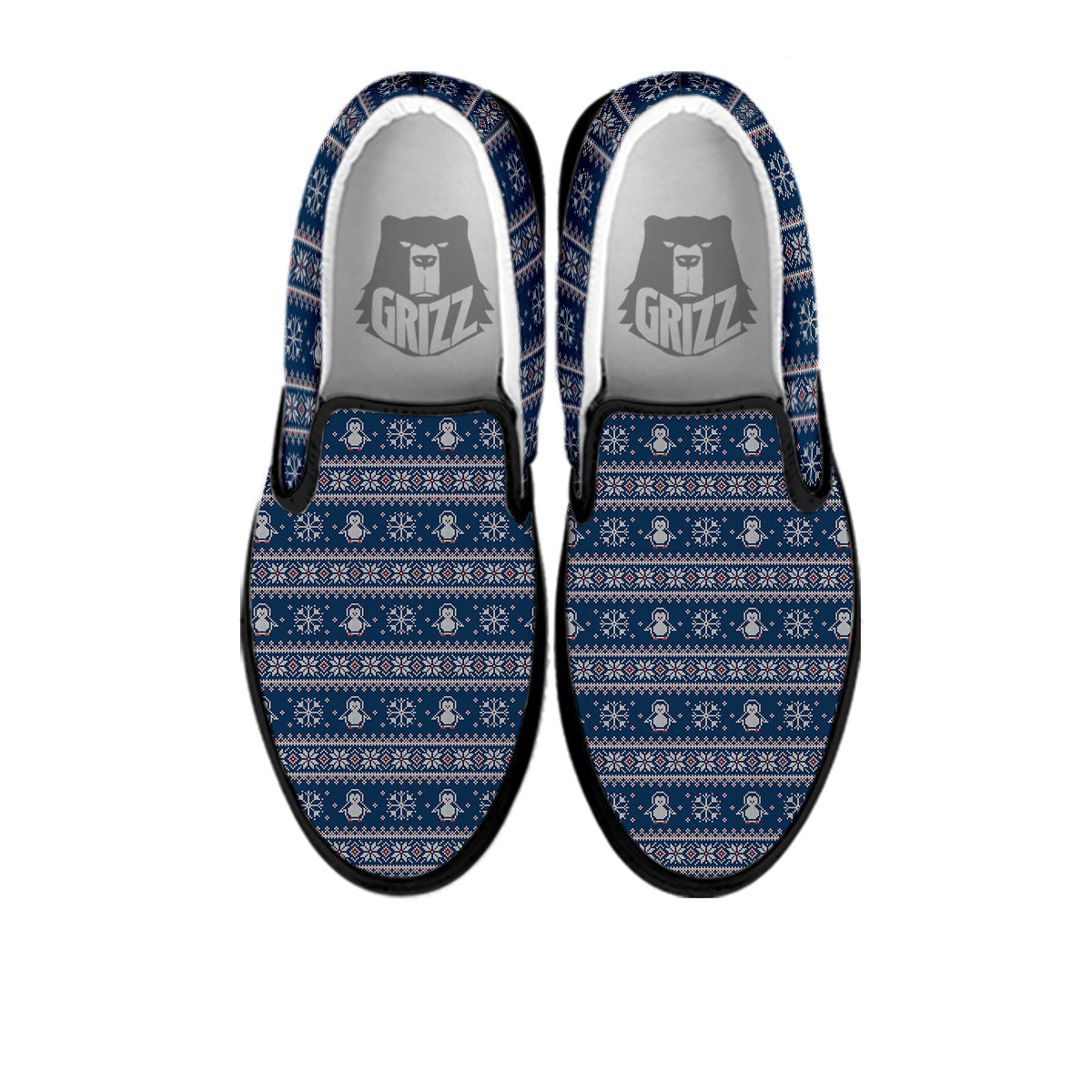 Penguin Knitted Christmas Print Black Slip On Shoes-grizzshop