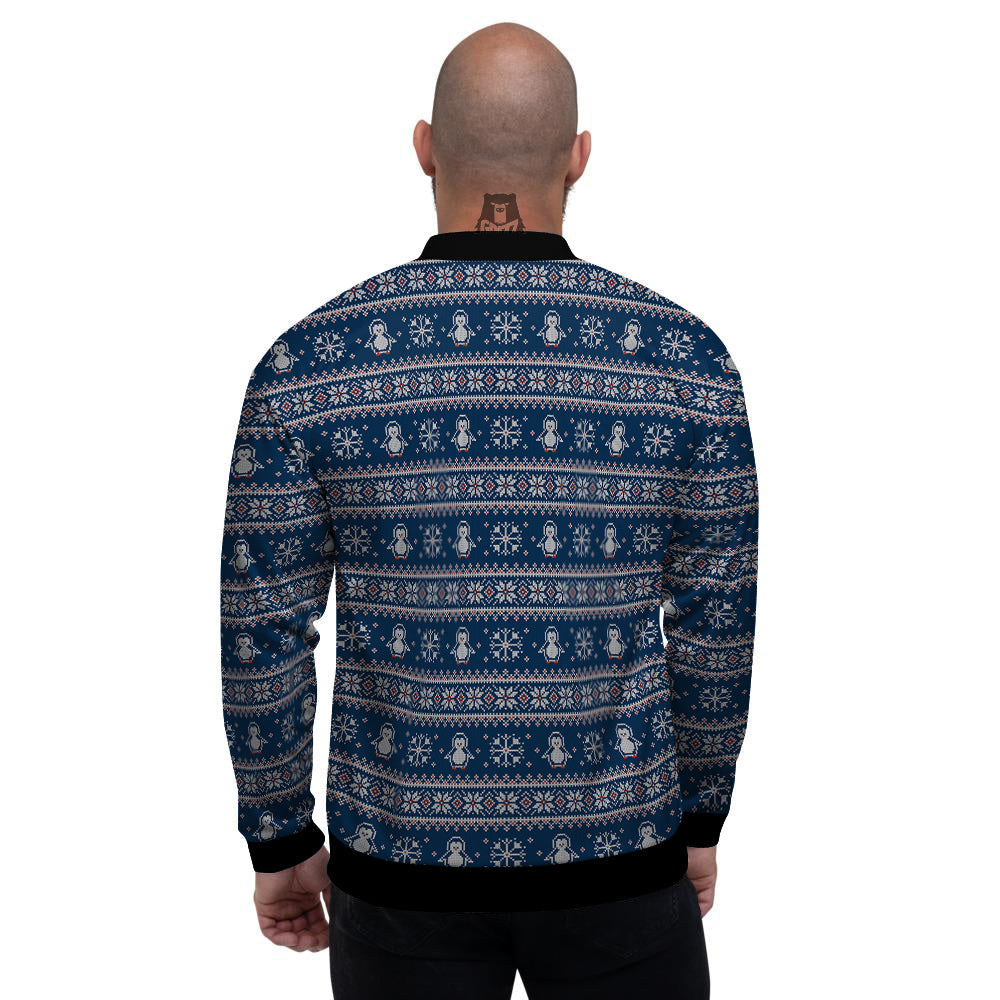 Penguin Knitted Christmas Print Men's Bomber Jacket-grizzshop