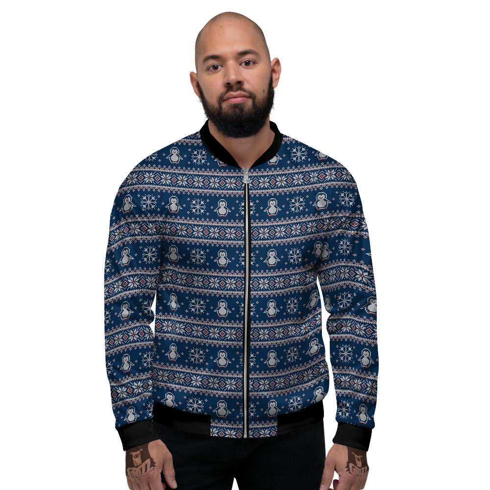 Penguin Knitted Christmas Print Men's Bomber Jacket-grizzshop