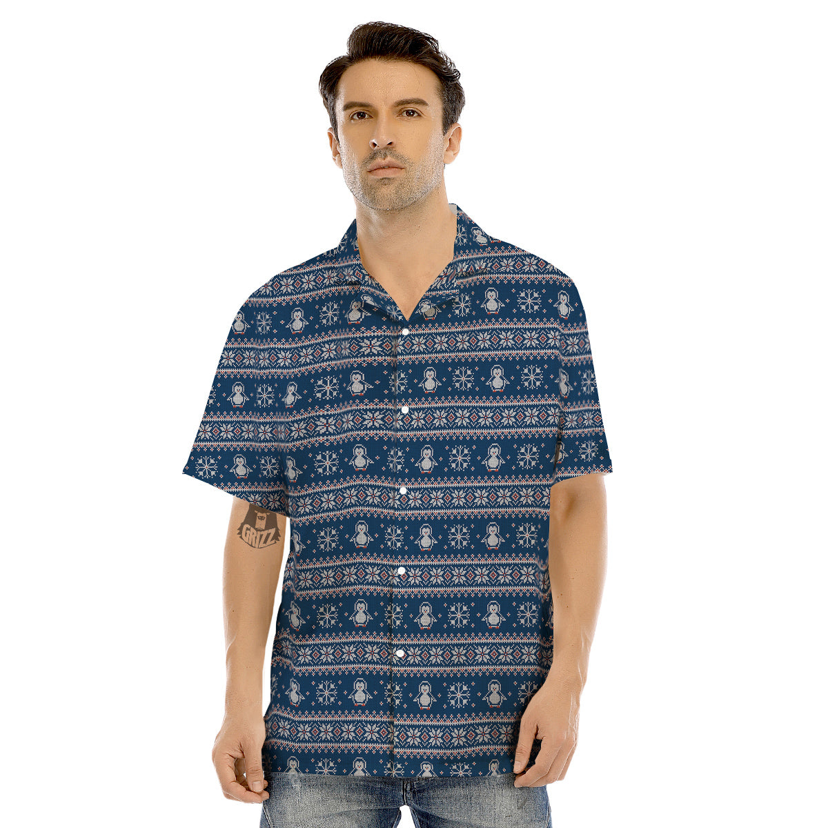 Penguin Knitted Christmas Print Men's Hawaiian Shirt-grizzshop