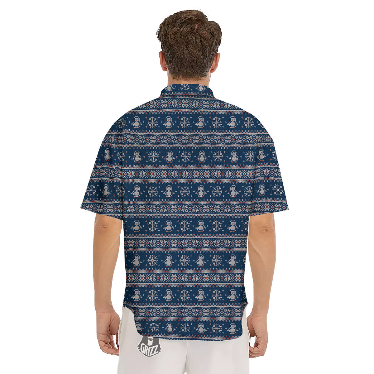 Penguin Knitted Christmas Print Men's Short Sleeve Shirts-grizzshop