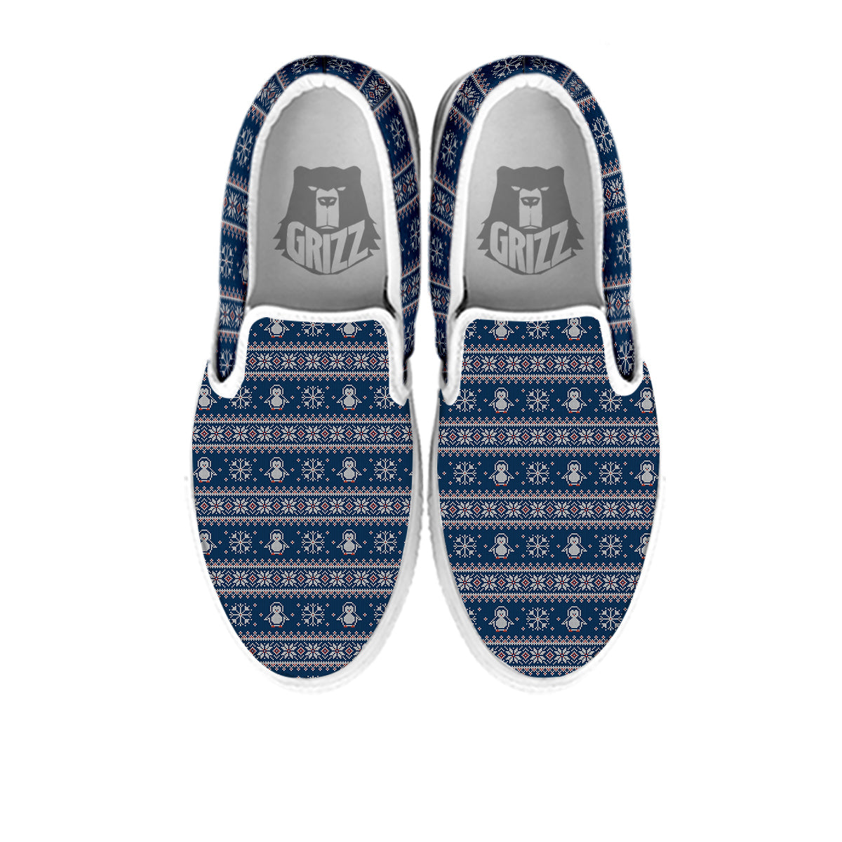 Penguin Knitted Christmas Print White Slip On Shoes-grizzshop