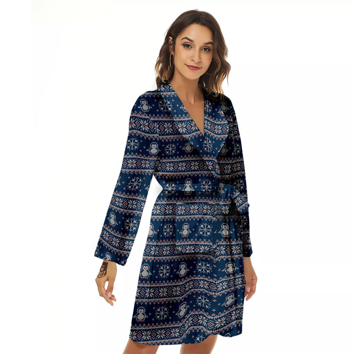 Penguin Knitted Christmas Print Women's Robe-grizzshop