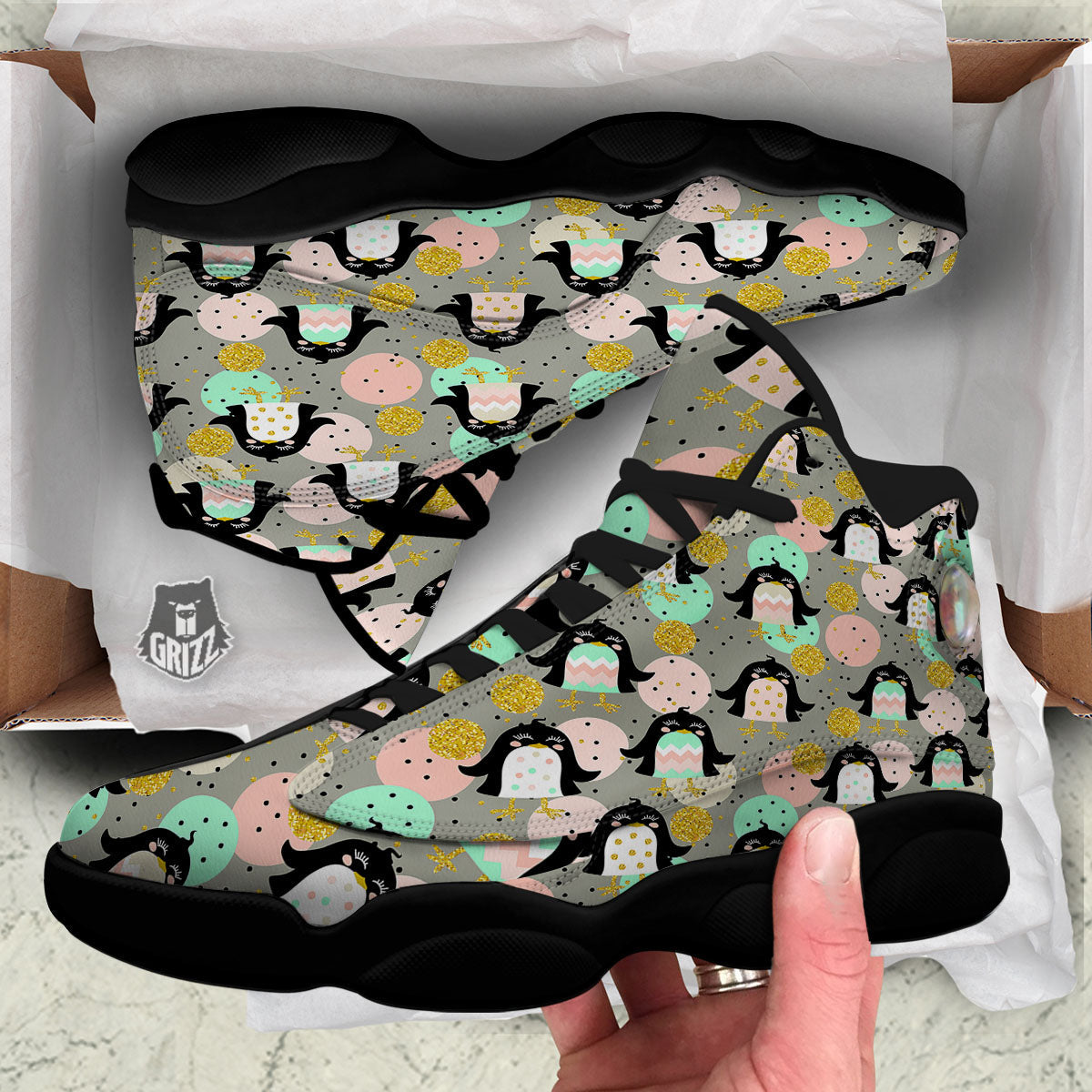 Penguin Pink Polka Print Pattern Black Basketball Shoes-grizzshop