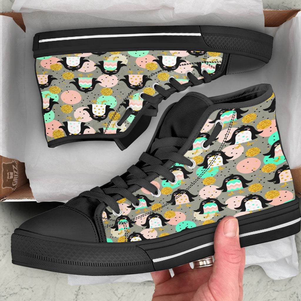 Penguin Pink Polka Print Pattern Black High Top Shoes-grizzshop