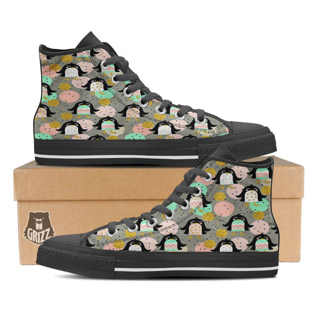 Penguin Pink Polka Print Pattern Black High Top Shoes-grizzshop