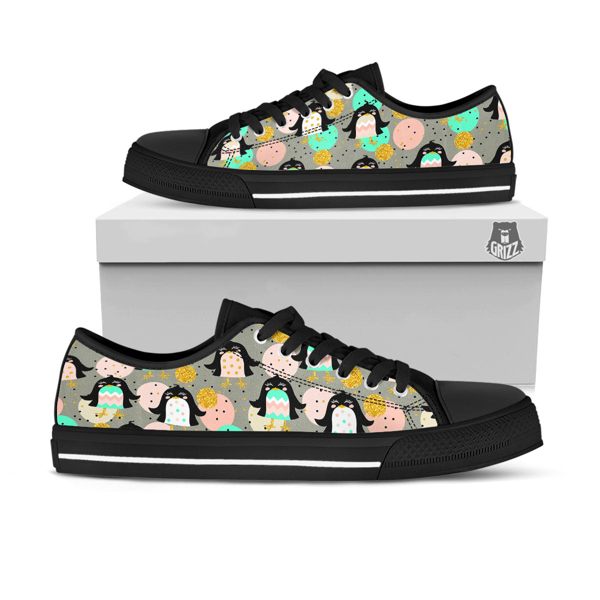 Penguin Pink Polka Print Pattern Black Low Top Shoes-grizzshop