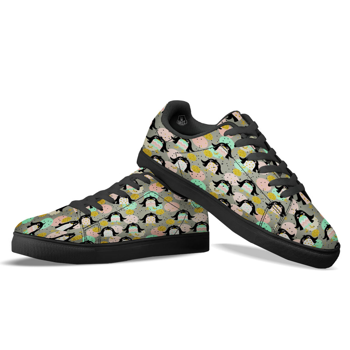 Penguin Pink Polka Print Pattern Black Low Top Sneakers-grizzshop