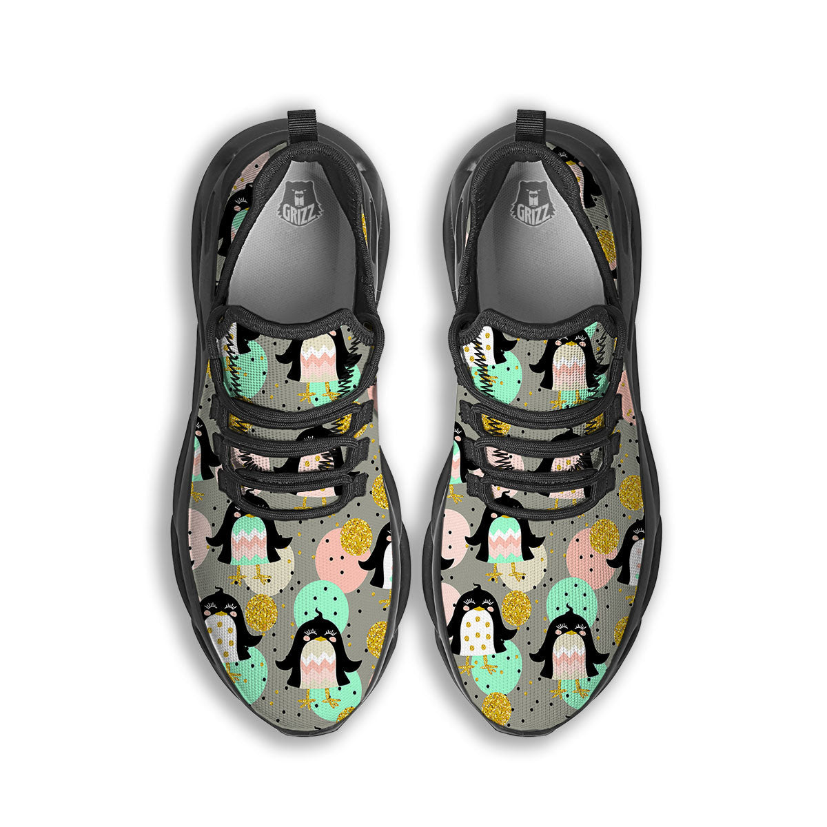 Penguin Pink Polka Print Pattern Black Running Shoes-grizzshop