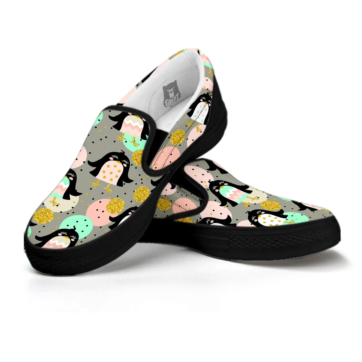 Penguin Pink Polka Print Pattern Black Slip On Shoes-grizzshop