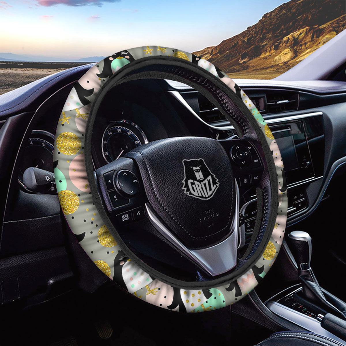 Penguin Pink Polka Print Pattern Car Steering Wheel Cover-grizzshop