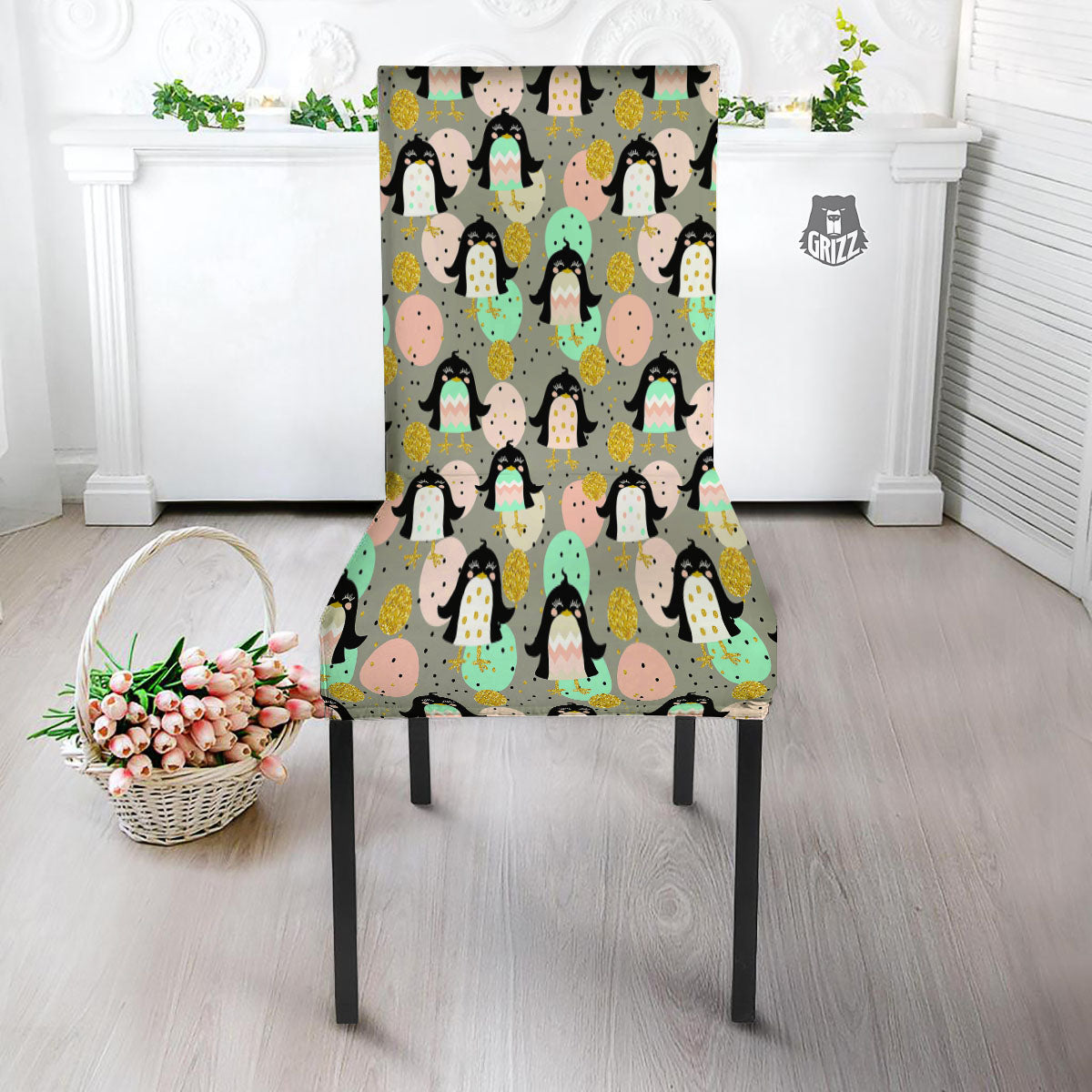 Penguin Pink Polka Print Pattern Dining Chair Slipcover-grizzshop