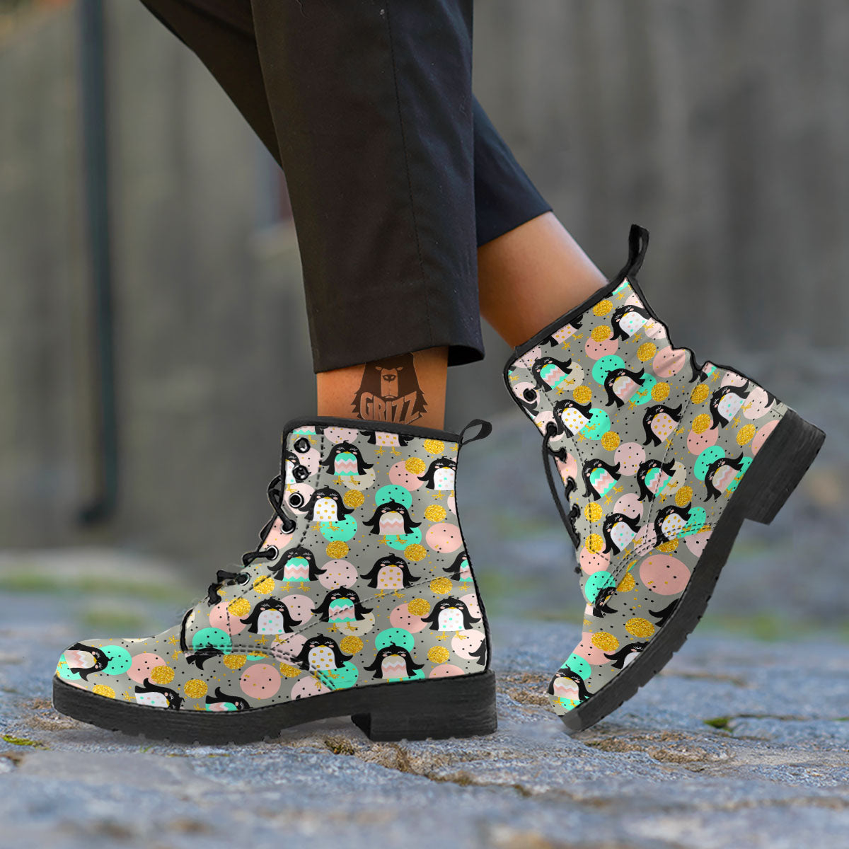 Penguin Pink Polka Print Pattern Leather Boots-grizzshop