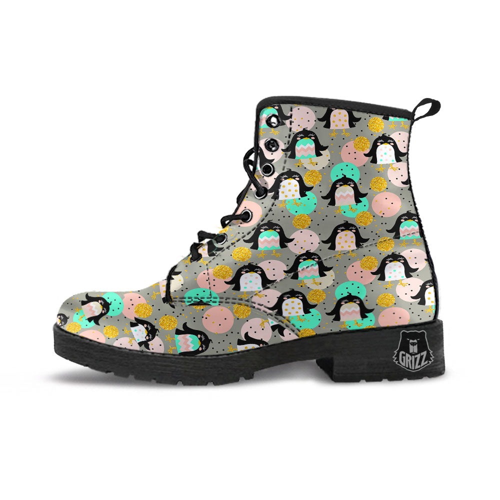 Penguin Pink Polka Print Pattern Leather Boots-grizzshop