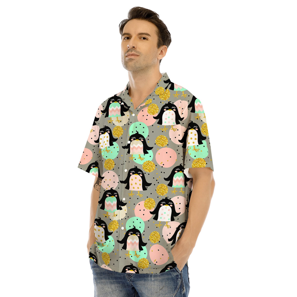 Penguin Pink Polka Print Pattern Men's Hawaiian Shirt-grizzshop
