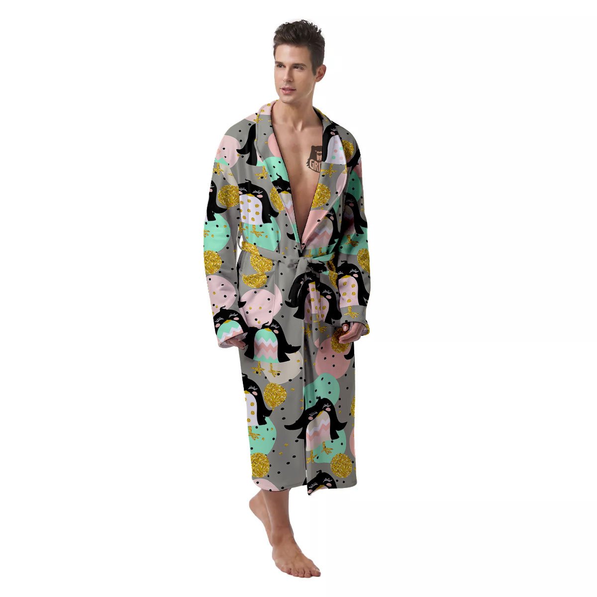 Penguin Pink Polka Print Pattern Men's Robe-grizzshop