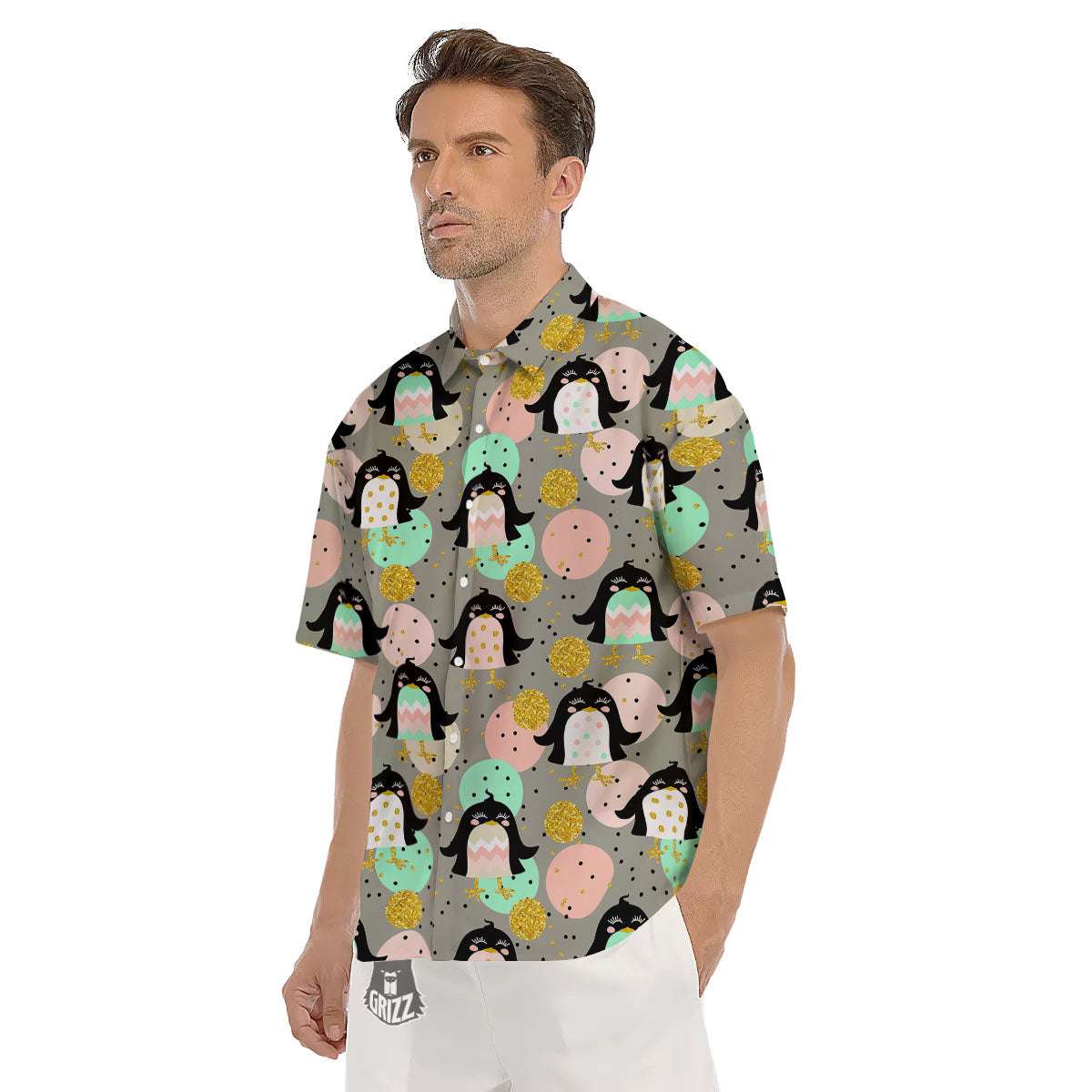 Penguin Pink Polka Print Pattern Men's Short Sleeve Shirts-grizzshop