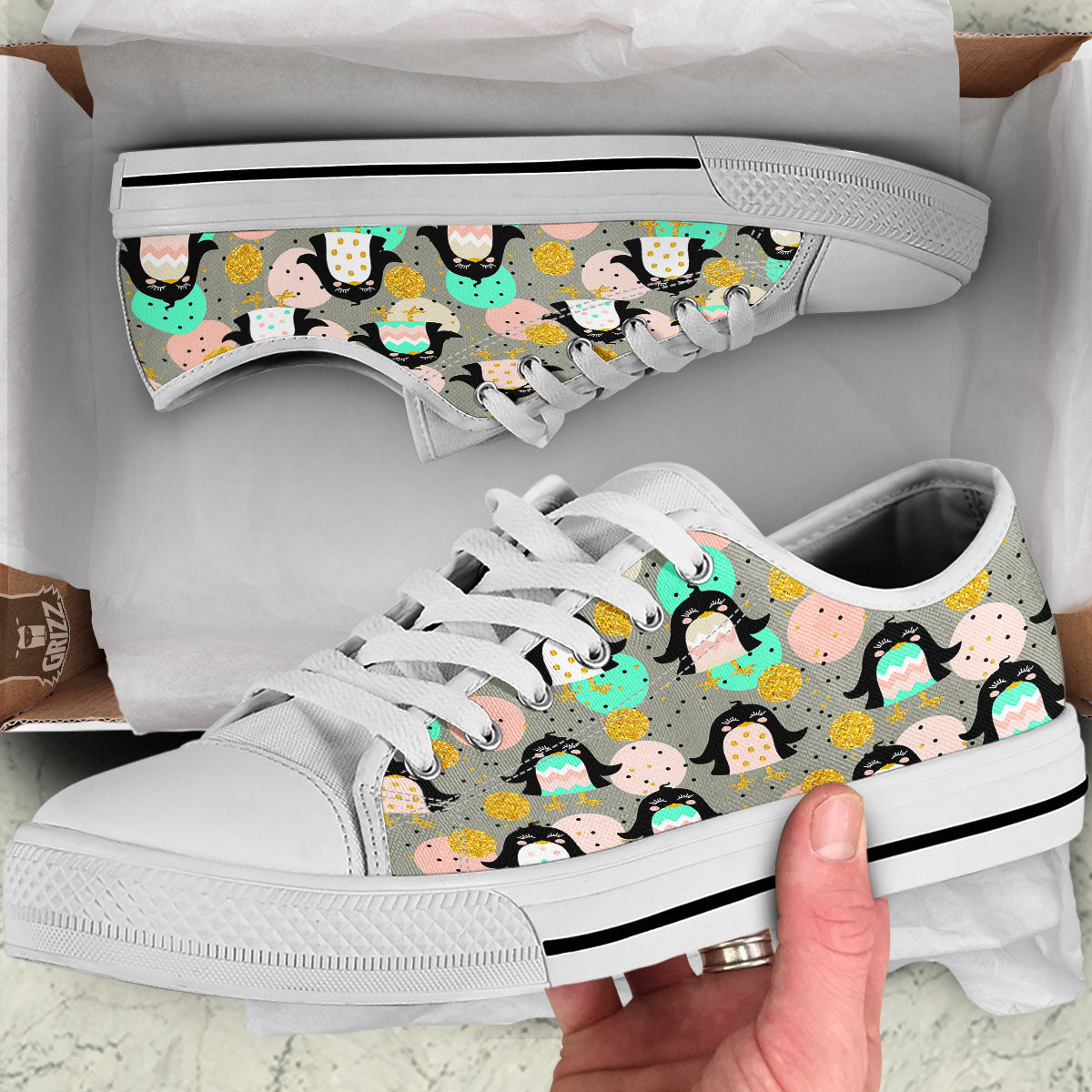 Penguin Pink Polka Print Pattern White Low Top Shoes-grizzshop