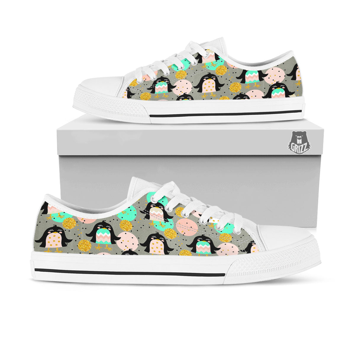 Penguin Pink Polka Print Pattern White Low Top Shoes-grizzshop