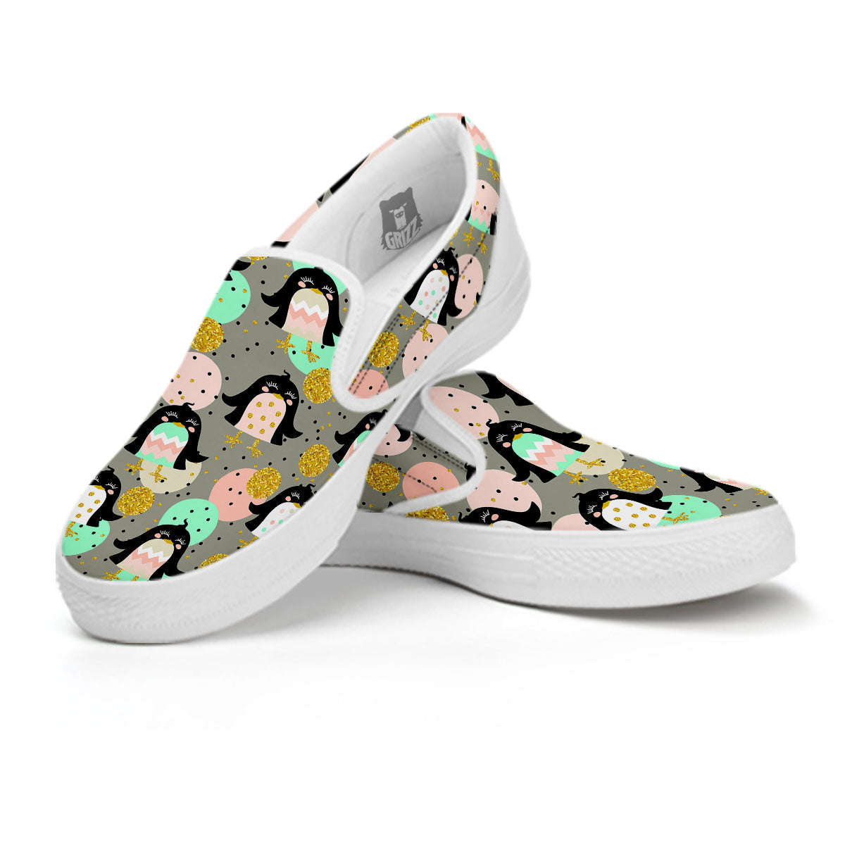 Penguin Pink Polka Print Pattern White Slip On Shoes-grizzshop