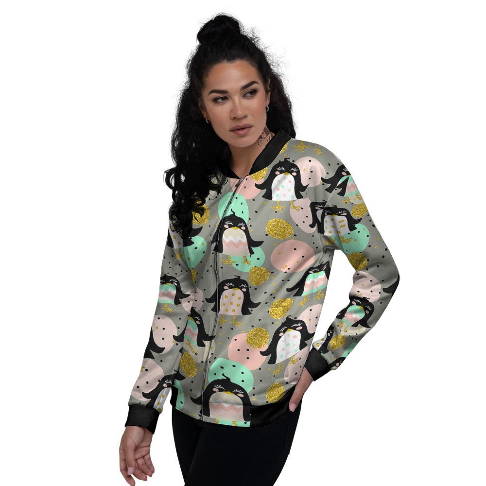 Penguin Pink Polka Print Pattern Women's Bomber Jacket-grizzshop