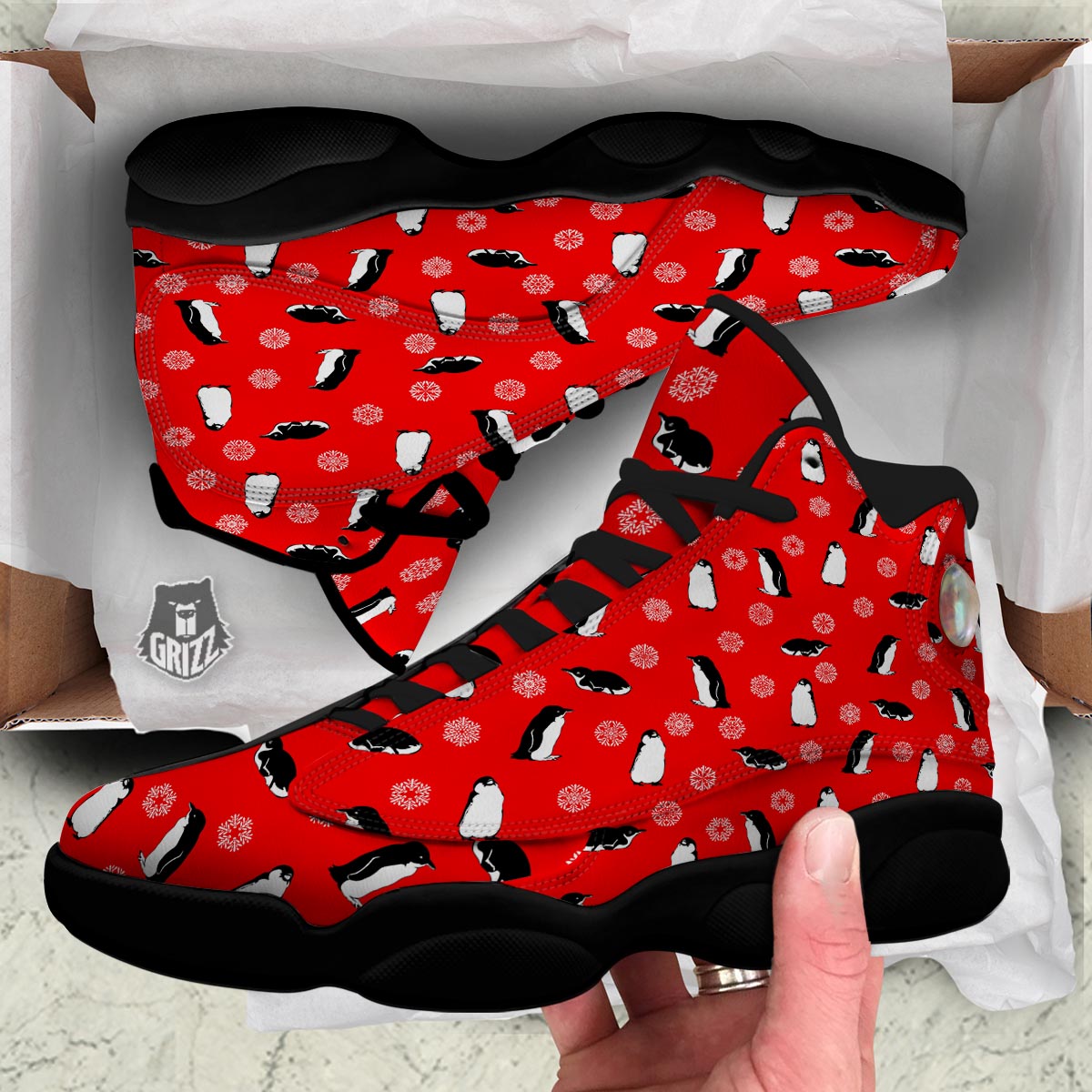 Penguin Red Snow Print Pattern Black Basketball Shoes-grizzshop