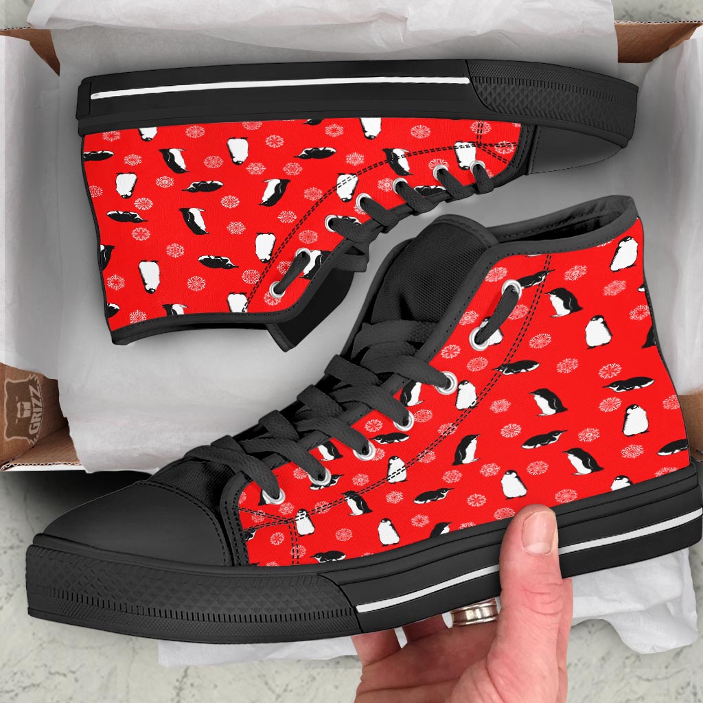 Penguin Red Snow Print Pattern Black High Top Shoes-grizzshop