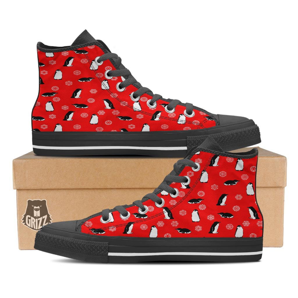 Penguin Red Snow Print Pattern Black High Top Shoes-grizzshop