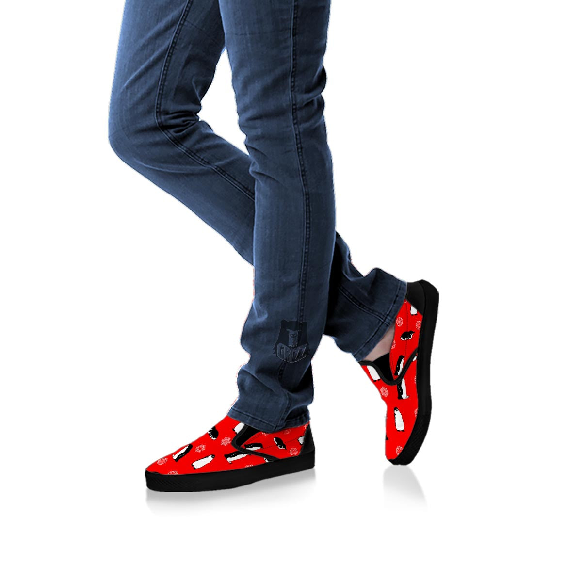 Penguin Red Snow Print Pattern Black Slip On Shoes-grizzshop
