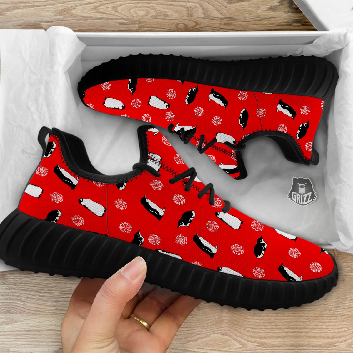 Penguin Red Snow Print Pattern Black Walking Shoes-grizzshop
