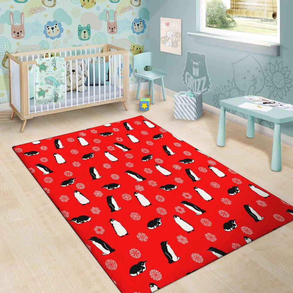 Penguin Red Snow Print Pattern Floor Mat-grizzshop