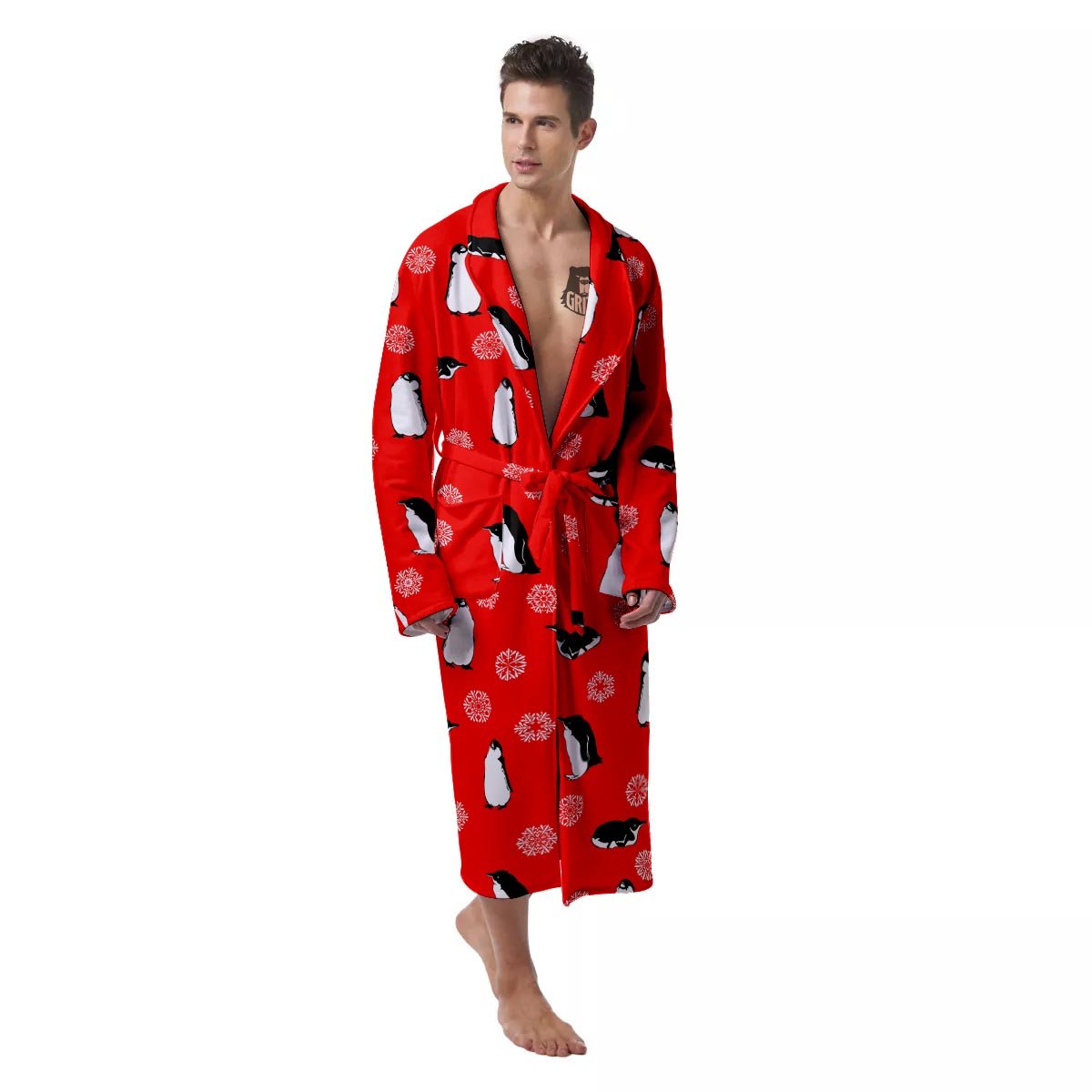 Penguin Red Snow Print Pattern Men's Robe-grizzshop