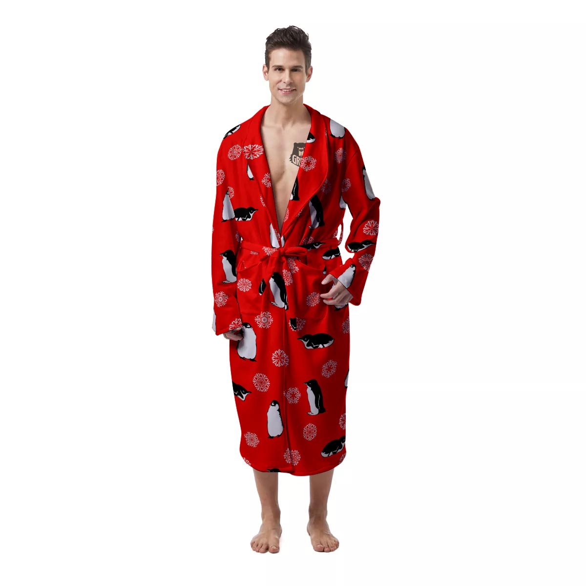 Penguin Red Snow Print Pattern Men's Robe-grizzshop