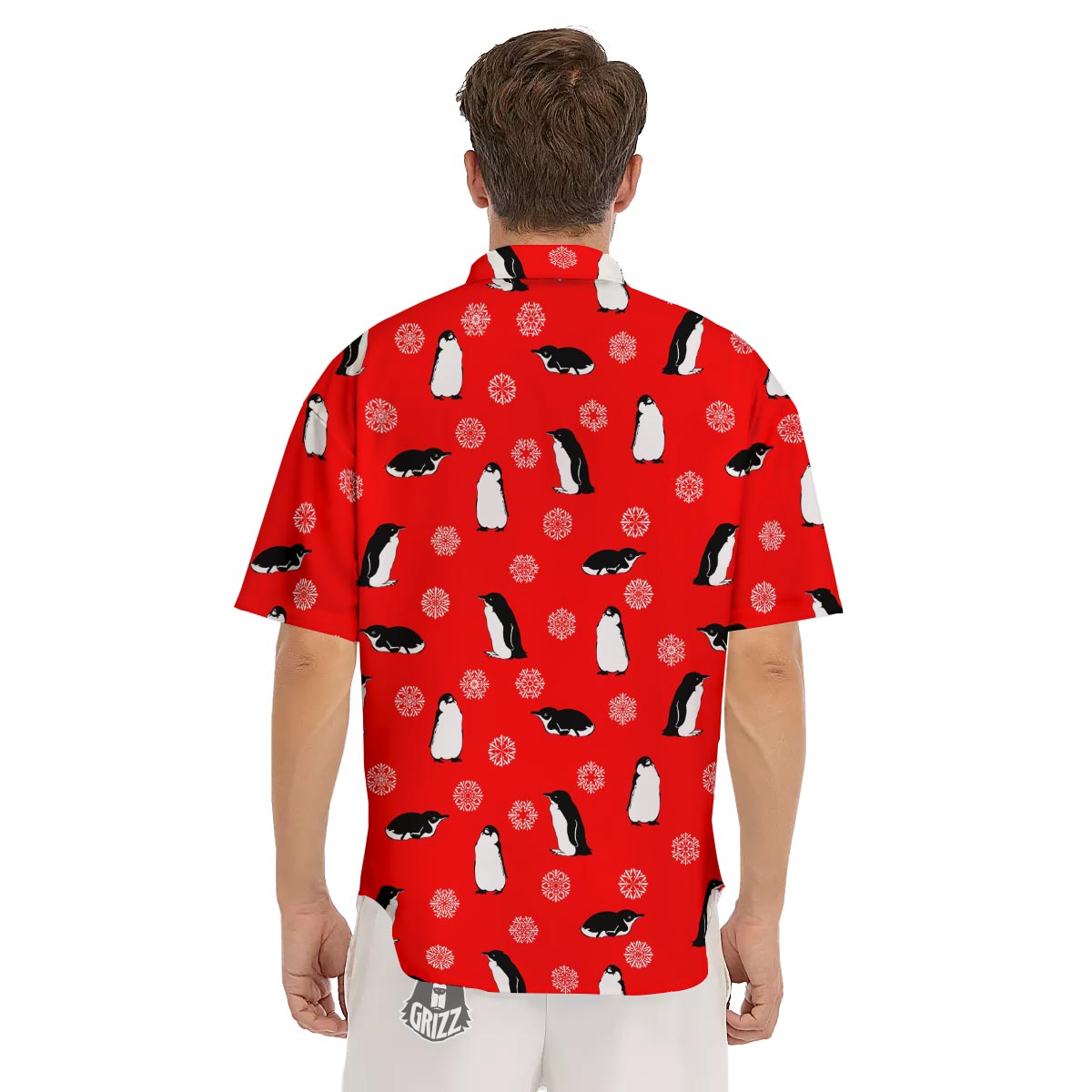 Penguin Red Snow Print Pattern Men's Short Sleeve Shirts-grizzshop