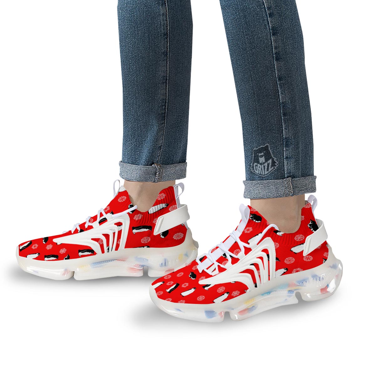 Penguin Red Snow Print Pattern White Gym Shoes-grizzshop