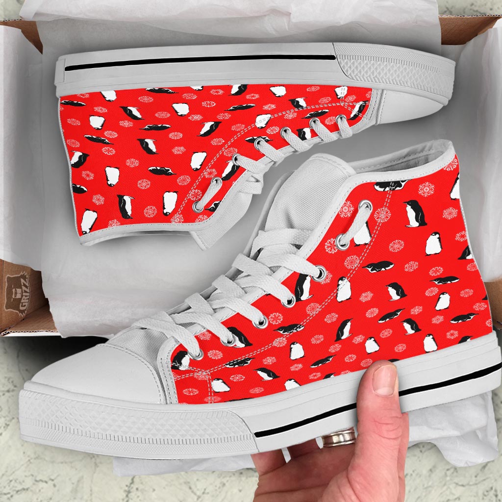 Penguin Red Snow Print Pattern White High Top Shoes-grizzshop