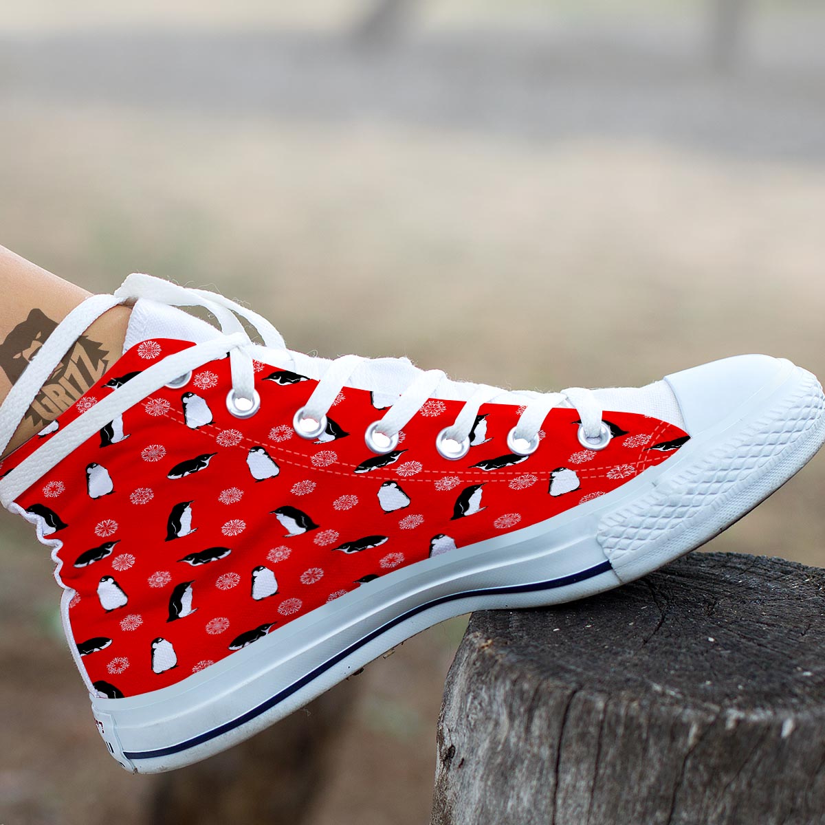 Penguin Red Snow Print Pattern White High Top Shoes-grizzshop