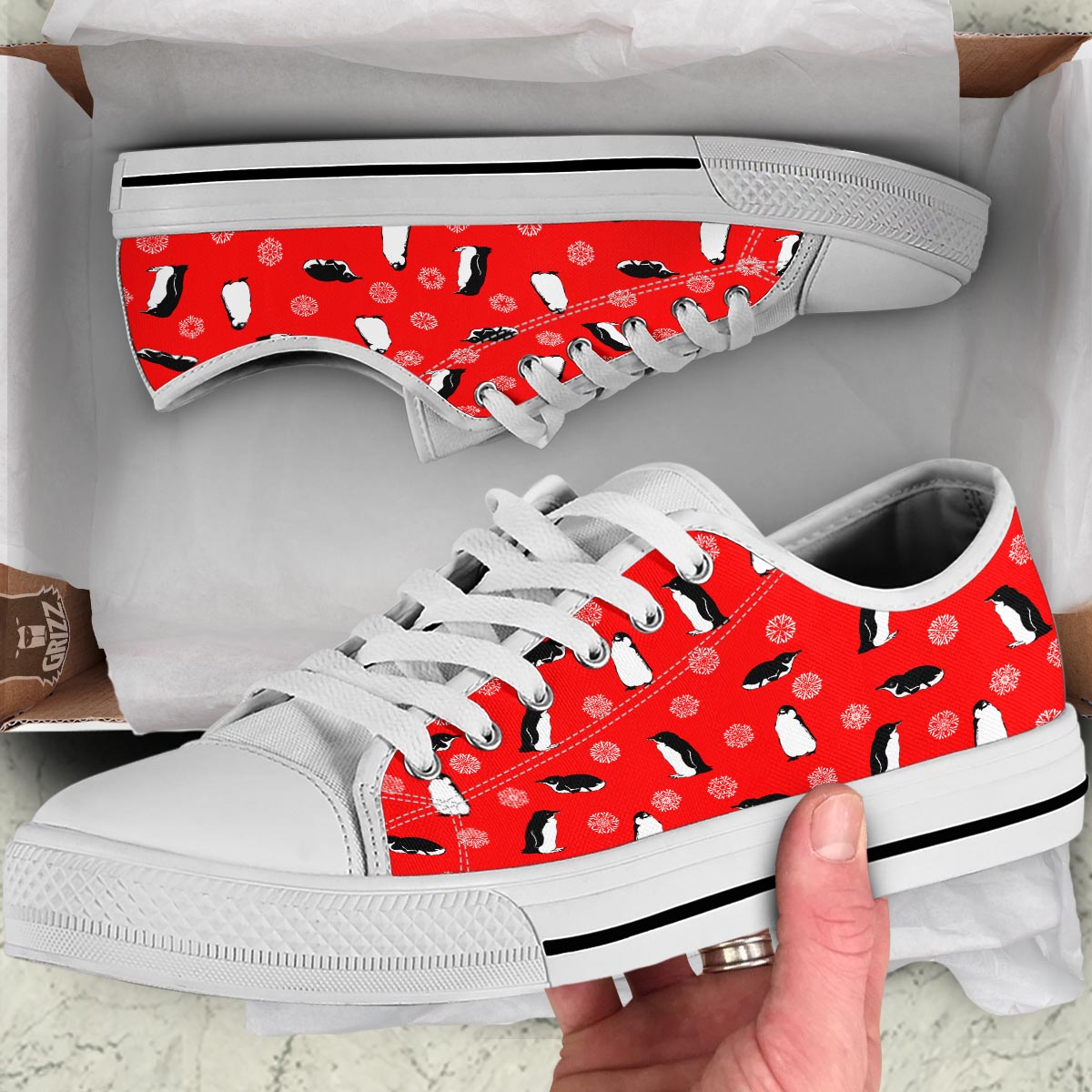 Penguin Red Snow Print Pattern White Low Top Shoes-grizzshop